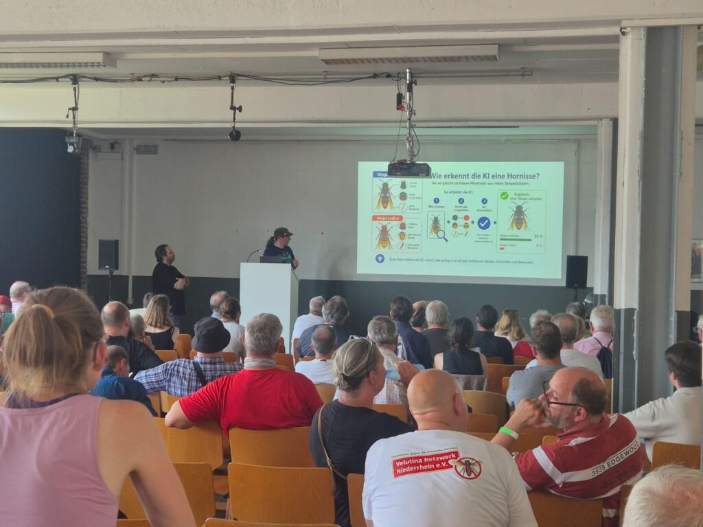 Mario Lukas und Marc Wetzel vor vollem Saal in der Alten Dreherei; auf der Leinwand die Folie „Wie erkennt die KI eine Hornisse?“